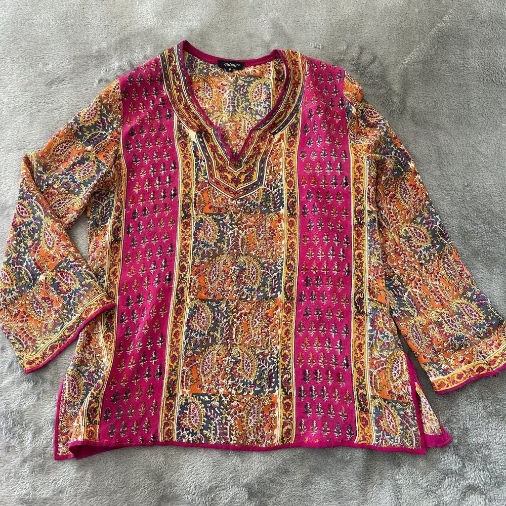 Tolani 100% Silk Peasant Boho Blouse Shirt Top Women's SMALL
